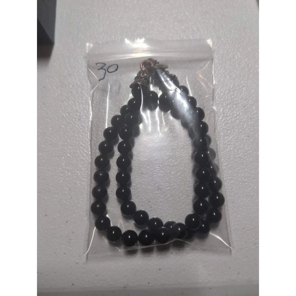 925 Sterling Silver Beaded Necklace Onyx Black Stone Beads